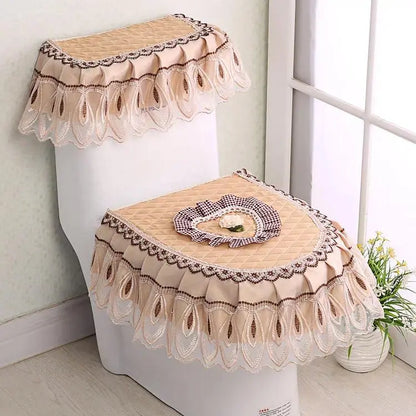 Elegant Solid 3-Piece Luxury Velvet Lace Toilet Accessories Set - Skirted Lace Trim, Commode Cushion, Water Tank Cover, Toilet Paper Holder Cover, Home Interior Decoration for Household Bathroom Upgrade, Toilet Accessories Cover, Bathroom Decor