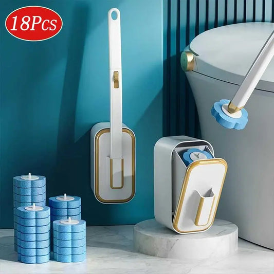 Wall Mounted Toilet Brush Set, 1 Set Toilet Brush with 18Disposable Replacement Brush Head & Holder, Bathroom Cleaning Tool Kit