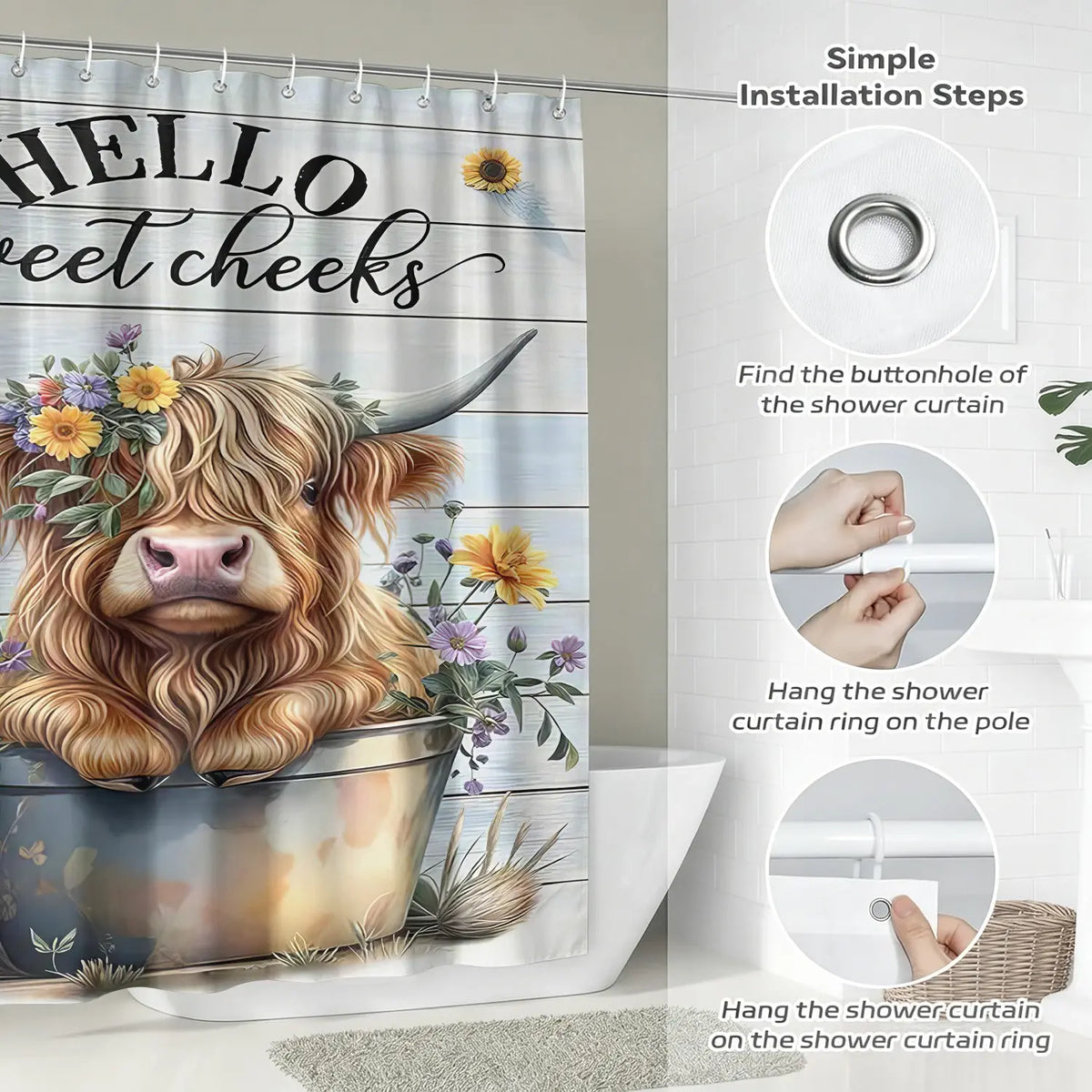 Hello Sweet Cheeks Highland Cow Shower Curtain, Funny Shower Curtains for Bathroom, Floral Sunflower Bucket Calf White Wooden Plank Funny Quote Country Farmhouse Bathroom Decor, Rustic Western Humor Shower Curtains with Hooks 72X72Inch