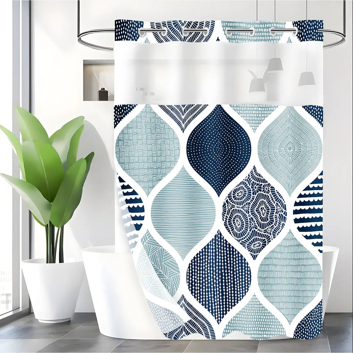 LVRLVR 1pc Modern Minimalist Geometric Ogee Bathroom Shower Curtain with Sheer Top Window, Detachable Liner & No Hook C-Ring, 70.8" x 74"