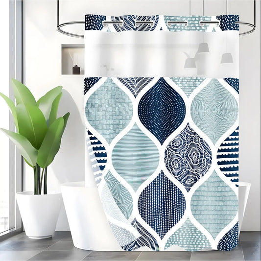 LVRLVR 1pc Modern Minimalist Geometric Ogee Bathroom Shower Curtain with Sheer Top Window, Detachable Liner & No Hook C-Ring, 70.8" x 74"