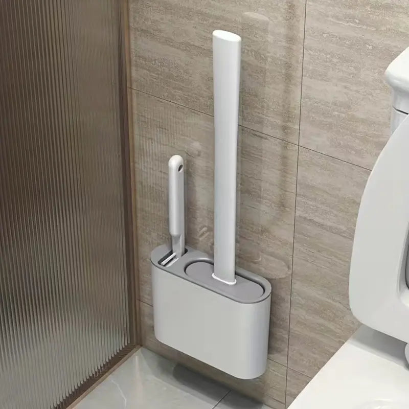 1set 2 Toilet Brushes & 1 Holder, Wall Mounted Toilet Brush And Holder Set For Bathroom, Flexible Toilet Bowl Brush Head With Silicone Bristles, Bathroom Accessories Soft Bristle