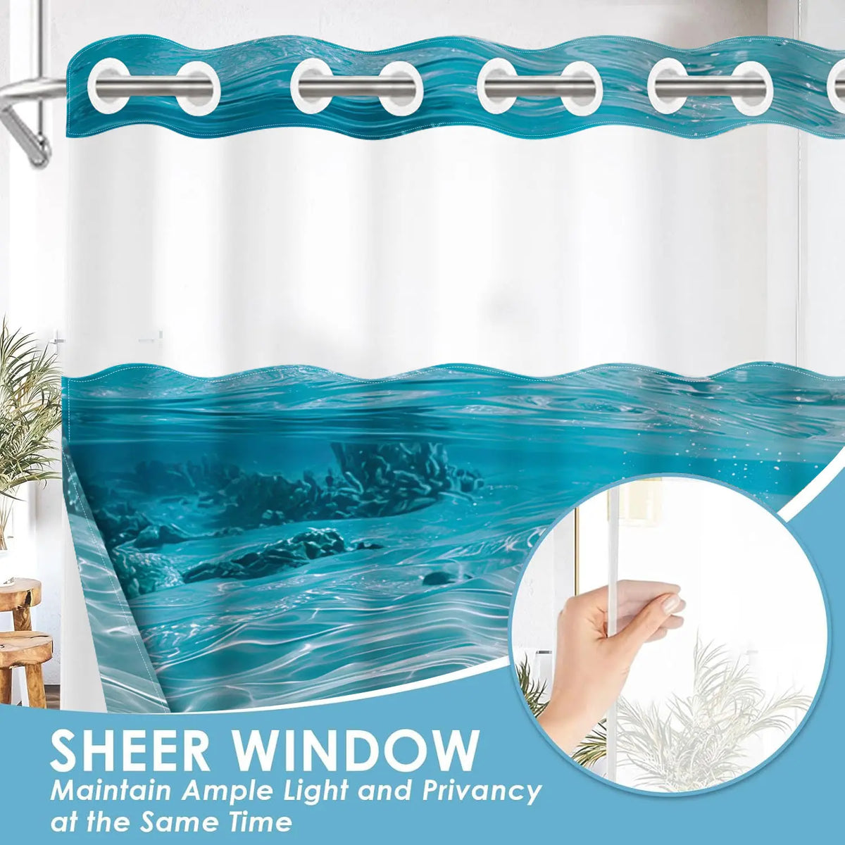 1 Pack No Hook Double Layer Shower Curtain, Shower Curtain No Hooks, Underwater Coral & Seashell Print, Waterproof, Mildew Resistant, Durable Fabric, Ocean Home Decor, Removable Liner, Top See-Through Window, Partition Curtain, Installation 71"×74"