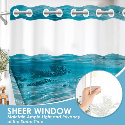 1 Pack No Hook Double Layer Shower Curtain, Shower Curtain No Hooks, Underwater Coral & Seashell Print, Waterproof, Mildew Resistant, Durable Fabric, Ocean Home Decor, Removable Liner, Top See-Through Window, Partition Curtain, Installation 71"×74"
