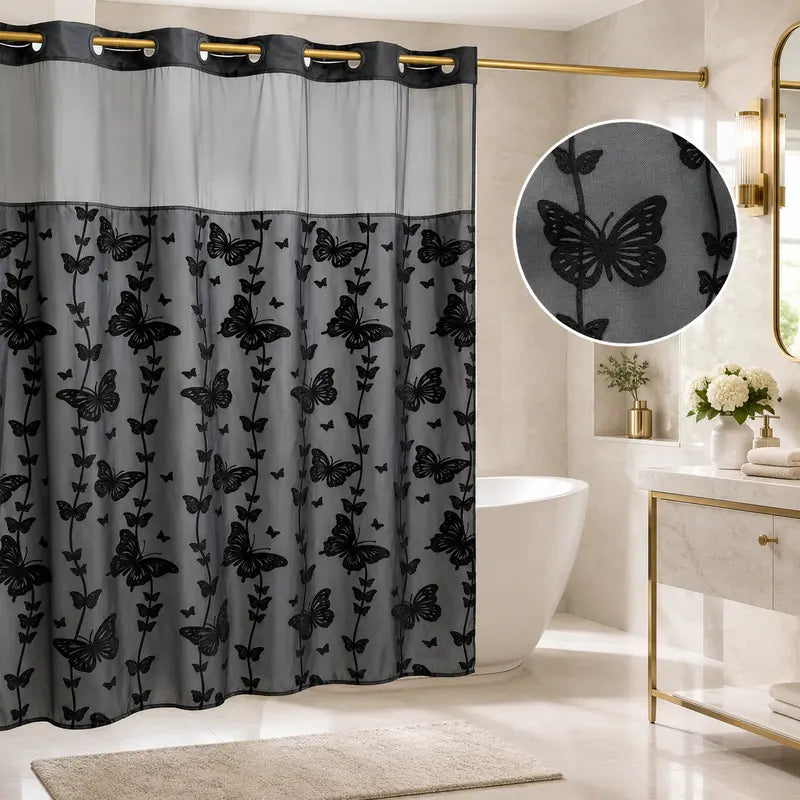 Black Butterfly Hookless Shower Curtain with White Mesh Window, Water-Resistant & Machine Washable Fabric Curtain, Easy Install Bathroom Decor, 72 x 75 Inch
