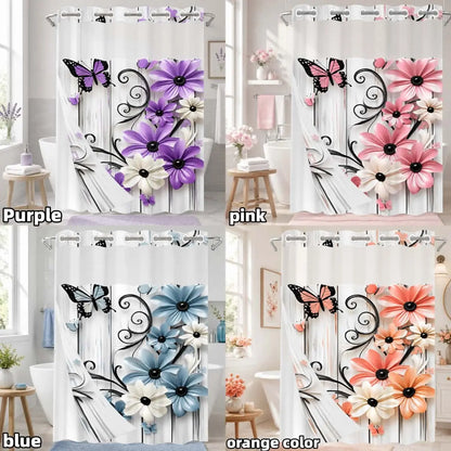 1PC 2D Flat Yellow & White Daisy Floral Butterfly Pattern Double-Layer Woven Shower Curtain, Floral Shower Curtains For Bathroom, No Hooks, Transparent Top Window, Removable Snap-On Liner, Modern Bathroom Partition Art Decor, Holiday Decoration