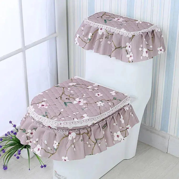 Elegant Solid 3-Piece Luxury Velvet Lace Toilet Accessories Set - Skirted Lace Trim, Commode Cushion, Water Tank Cover, Toilet Paper Holder Cover, Home Interior Decoration for Household Bathroom Upgrade, Toilet Accessories Cover, Bathroom Decor