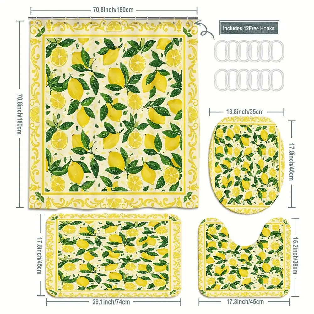 4pcs Lemon Citrus Shower Curtain Set, Printed Shower Curtain, Fresh Yellow Lemon Print Bathroom Decor, Summer Lemonade, Kitchen Garden, Fruit Blossom, Tropical Farmhouse, TikTok Shop Trendy Bathroom Upgrade