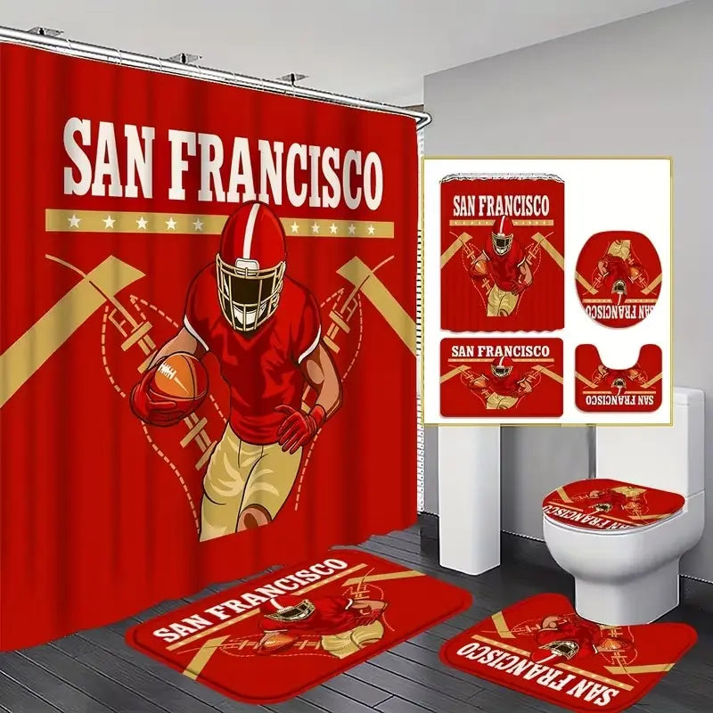 1/4pcs San Francisco Football Team Themed Shower Curtain Set, Bathroom Decoration Accessories, includes non-slip mat, U-shaped rug, toilet seat cover, Shower Essentials, comes with 12 shower curtain hooks, Bathroom Decor And Accessories