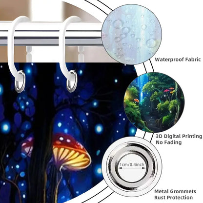 4 Pcs Magical Mushroom Forest Bathroom Curtain Sets with 12 Hooks, Enchanted Night Forest Large Waterproof Mildew Proof Bathroom Curtain, Decorative Shower Curtain, Bathroom Curtains Shower, Toilet Lid Cover, Non-Slip Bathroom Rugs and U Shape Bath Mat