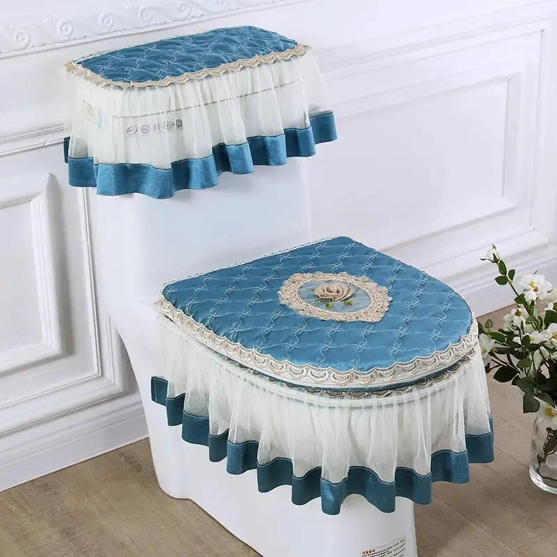 Elegant Solid 3-Piece Luxury Velvet Lace Toilet Accessories Set - Skirted Lace Trim, Commode Cushion, Water Tank Cover, Toilet Paper Holder Cover, Home Interior Decoration for Household Bathroom Upgrade, Toilet Accessories Cover, Bathroom Decor