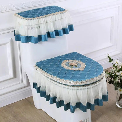 Elegant Solid 3-Piece Luxury Velvet Lace Toilet Accessories Set - Skirted Lace Trim, Commode Cushion, Water Tank Cover, Toilet Paper Holder Cover, Home Interior Decoration for Household Bathroom Upgrade, Toilet Accessories Cover, Bathroom Decor