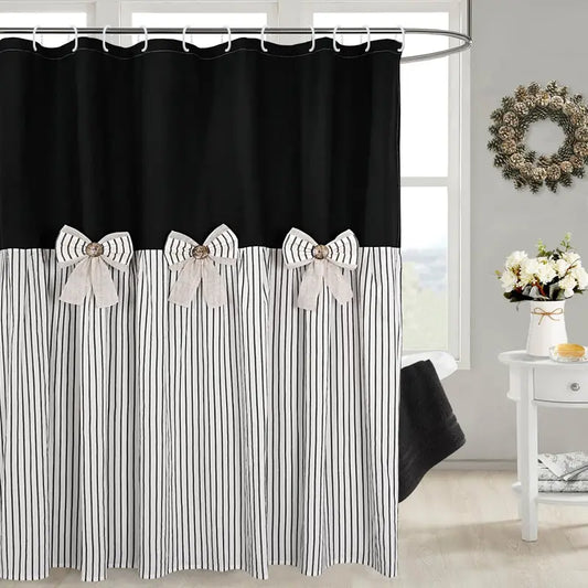 Rustic Farmhouse Shower Curtain - Striped Bottom, Bow Detail, Pattern Design for Cozy Bathroom Decor, Farmhouse Shower Curtains