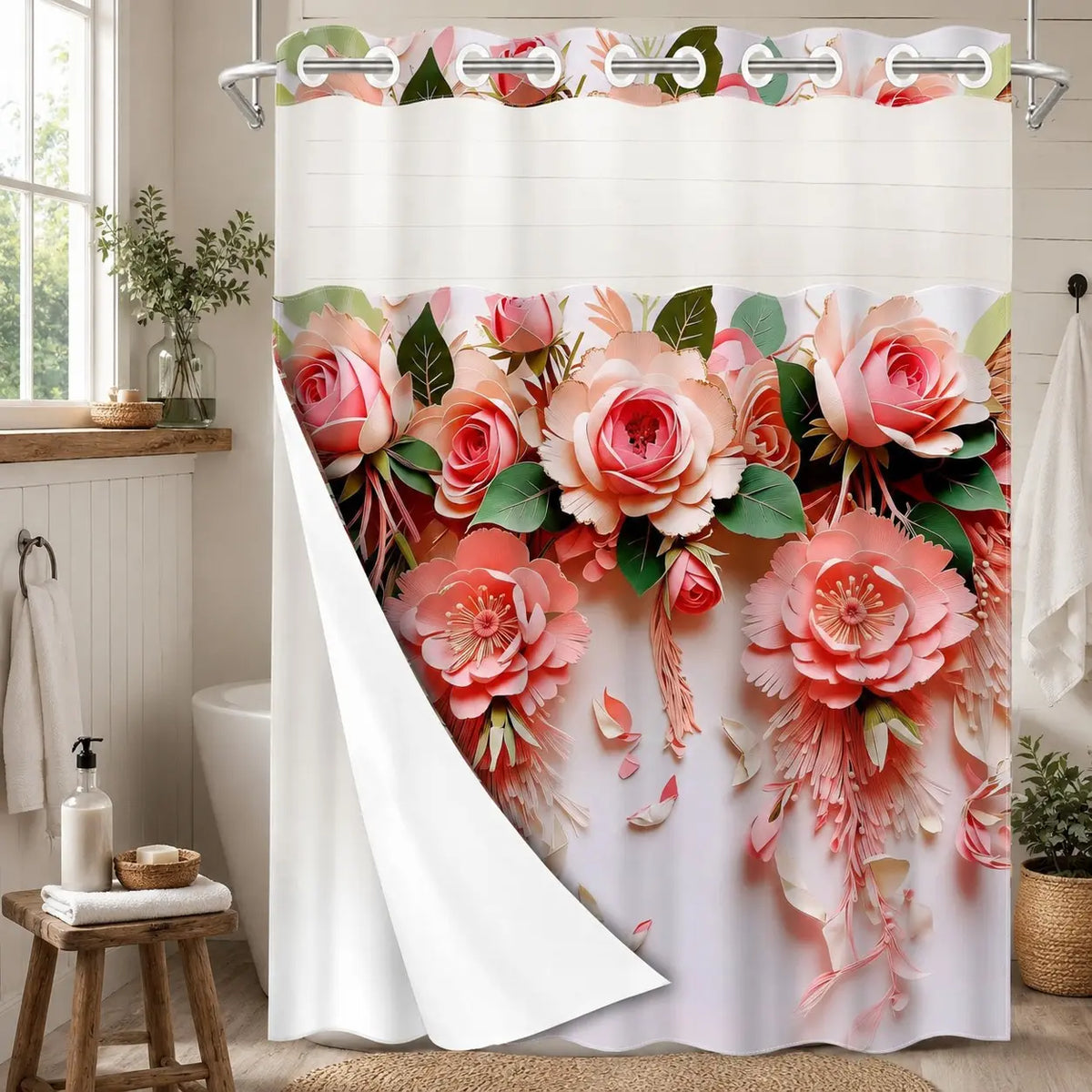 1PC 2D Flat No Hooks Double Layer Hookless Shower Curtain, Boho Shower Curtains For Bathroom, 3D Paper Art Pink Rose Flower Print Waterproof Fabric, Detachable Buckle Liner, Bathroom Divider, Home Decor, Pretty Shower Curtain, Shower Curtain Floral