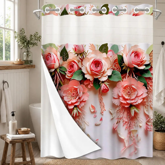 1PC 2D Flat No Hooks Double Layer Hookless Shower Curtain, Boho Shower Curtains For Bathroom, 3D Paper Art Pink Rose Flower Print Waterproof Fabric, Detachable Buckle Liner, Bathroom Divider, Home Decor, Pretty Shower Curtain, Shower Curtain Floral