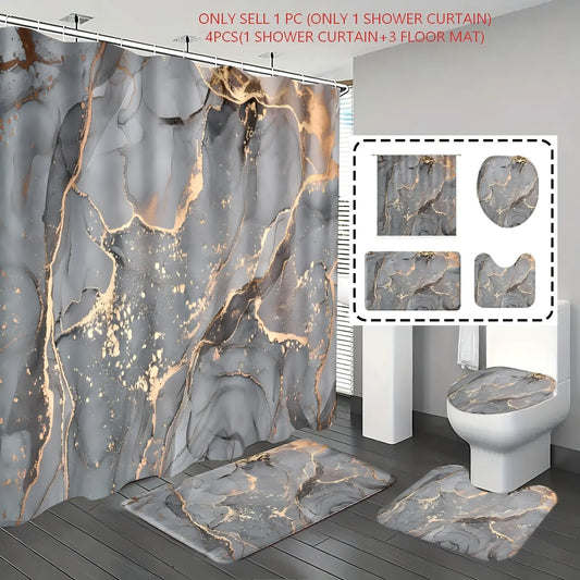 1/4 Counts Decorative Shower Curtains Set with 12 Hooks, Grey Watercolor Marble Pattern and Non-Slip Bathroom Rug Set, Shower Curtain Set with Rugs, Bathroom Accessory