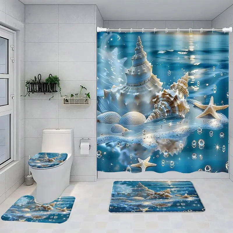 1pc/4-Piece Polyester Shower Curtain Set - Geometric, Floral, Modern Ocean Theme with Conch, Shell, Starfish Patterns, Bathroom Rug, Mat, Decor, 12 Hooks