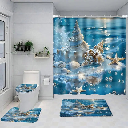 1pc/4-Piece Polyester Shower Curtain Set - Geometric, Floral, Modern Ocean Theme with Conch, Shell, Starfish Patterns, Bathroom Rug, Mat, Decor, 12 Hooks