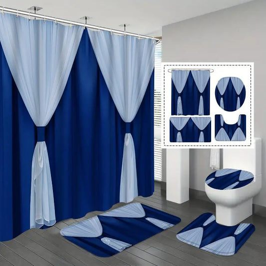 [Aesthetic Modern Geometric Floral Shower Curtain Set] 1-Piece or 4-Piece Blue Stage-Style White Tulle Printed Bathroom Kit, Includes Curtain, Toilet Seat Cover, 12 Plastic Hooks, Home Decor Addition
