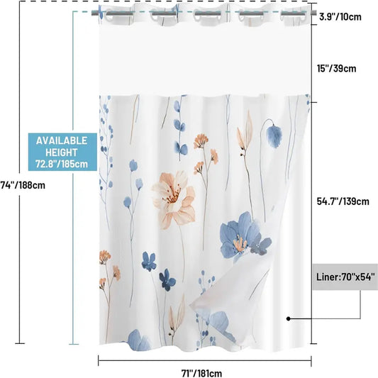 Waterproof Single Floral Pattern Decorative Shower Curtain with Included Liner & Snap Buttons, 71x74in (71x74cm) for Home, Dormitory Bathroom Sports & Outdoor Protective Gear Accessories