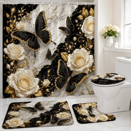 1/4pcs Bathroom Curtains Shower Set, Marble Butterfly Pattern, Luxury Theme Decor, Bath Mat Rug, Includes 12 Hooks, Home Decoration Gift, Bathroom Decoration Accessories
