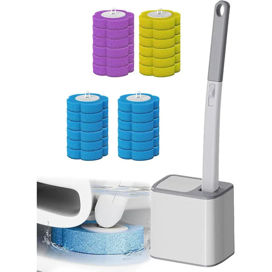 Wall-Mount ABS Plastic Disposable Toilet Brush & Plunger Kit Set - Long-Reach Handle Toilet Brush Cleaner, Self-Cleaning Rotatable, Plush Pads, No Pre-Rinse, No Mess, No Odor for Bathroom Hygiene Convenience