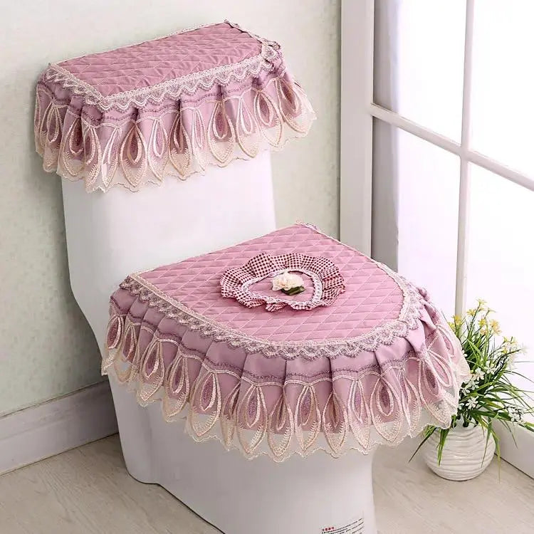 Elegant Solid 3-Piece Luxury Velvet Lace Toilet Accessories Set - Skirted Lace Trim, Commode Cushion, Water Tank Cover, Toilet Paper Holder Cover, Home Interior Decoration for Household Bathroom Upgrade, Toilet Accessories Cover, Bathroom Decor