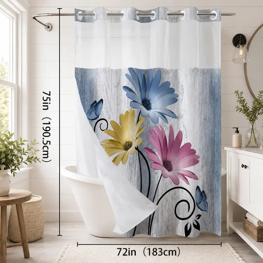 No Hook Double-Lined Hookless Waterproof Fabric Shower Curtain - Decorative Daisy Print Rustic Farmhouse Art Print Bath Accessory, 72x75in Easy-Install Beautiful Bathroom Curtains for Hotel/Dorm Home Decor, No Hook Shower Curtains