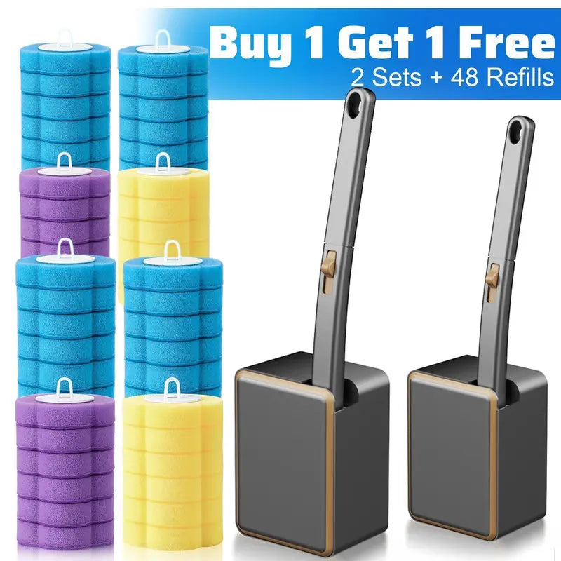 Nifogo Disposable Toilet Scrubber Brush Set, Includes 24 Refills, Triple-Layer Sponge Cleaner Wand, Fragrance Neutralizer, Plastic Wall-Mount Holder, Multi-Surface Tool for Daily Bathrooms Toilet Bowl Cleaning