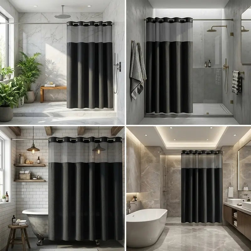 72"x75" Black Straight Waffle Weave Hookless Snap Double Layer Hotel Shower Curtain Set with Snap-in Fabric Liner, Sheer Window, Non-Slip, Waterproof, Adjustable, Water Draining for Modern Bathrooms