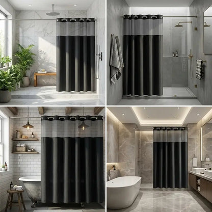 72"x75" Black Straight Waffle Weave Hookless Snap Double Layer Hotel Shower Curtain Set with Snap-in Fabric Liner, Sheer Window, Non-Slip, Waterproof, Adjustable, Water Draining for Modern Bathrooms