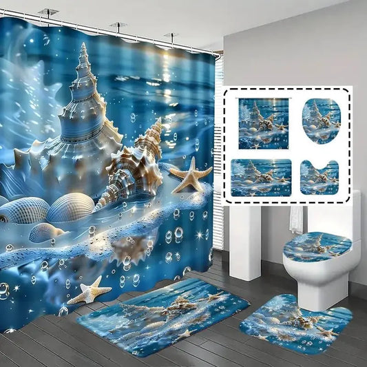 1pc/4-Piece Polyester Shower Curtain Set - Geometric, Floral, Modern Ocean Theme with Conch, Shell, Starfish Patterns, Bathroom Rug, Mat, Decor, 12 Hooks