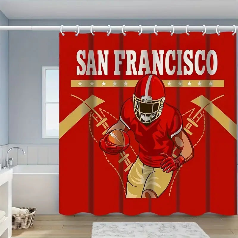 1/4pcs San Francisco Football Team Themed Shower Curtain Set, Bathroom Decoration Accessories, includes non-slip mat, U-shaped rug, toilet seat cover, Shower Essentials, comes with 12 shower curtain hooks, Bathroom Decor And Accessories