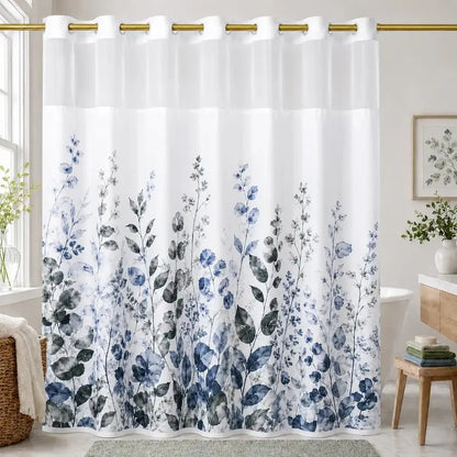 Hookless Shower Curtain Set with Snap-in Liner, Double Layer Floral Botanical Design, Sheer Top Window, 72x75 Inch Waterproof Washable Bathroom Curtain,
