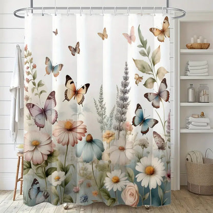 Butterfly Flower Print Shower Curtain - 71x71 inches Polyester Bathroom Decor Decorative Printed Shower Curtain with Hooks, Bathroom Accessory, Playful Bath Partition & Artistic Design for Home, Bathroom Decoration Accessories, Bathroom Supplies