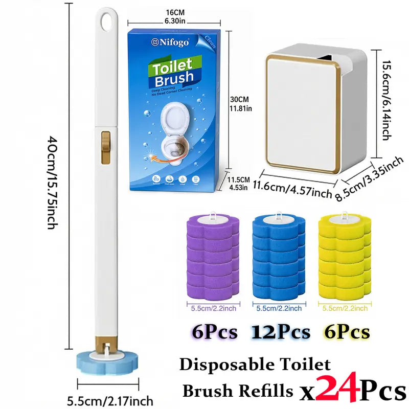 Disposable Toilet Brush Wall-Mount Space-Saving, Universal Fit Caddy Set with 24 Replaceable Heads for Hygienic Household Bathroom Urinal Basin Sink Bathtub Drain Cleaning Wand