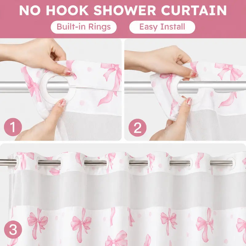 Pink Bowknot Polka Dot Shower Curtain, Sheer Mesh Top, Double Layer Hookless Bath Curtain, Sweet Style Bathroom Decor, 72 x 75 in Double-Layer