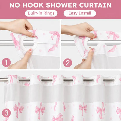 Pink Bowknot Polka Dot Shower Curtain, Sheer Mesh Top, Double Layer Hookless Bath Curtain, Sweet Style Bathroom Decor, 72 x 75 in Double-Layer