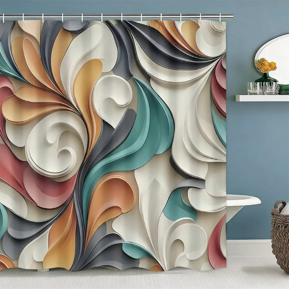 Colorful Abstract Geometric Bathroom Set, Waterproof Multifunctional Shower Curtain, Includes 12 Hooks, Non-Slip Bath Mat, Toilet Cover Pad