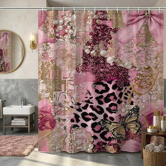 1pcs Girly Pink Leopard Print Elegant Aesthetic Shower Curtain, Collage Big Pink Bow Golden Butterfly Pearl Glitter Floral Bathroom Curtain, Glam Vintage Fashion Bath Divider for Galentine’s Day Modern Chic Home Washroom Decor