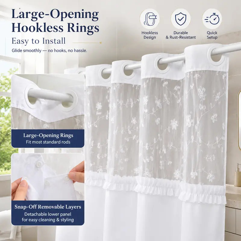 Elegant Hookless Ruffle Shower Curtain，Dual Removable Waterproof Layers with Embroidered Sheer Top, Snap-On Washable Bathroom Curtain 71*74inhch