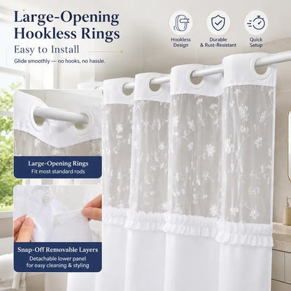 Elegant Hookless Ruffle Shower Curtain，Dual Removable Waterproof Layers with Embroidered Sheer Top, Snap-On Washable Bathroom Curtain 71*74inhch