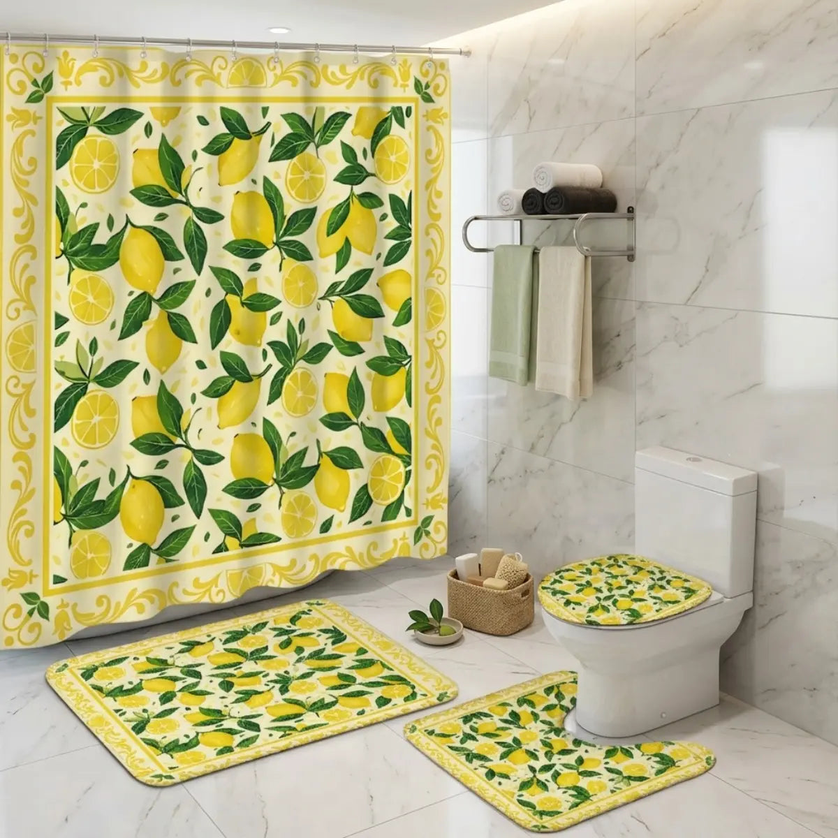 4pcs Lemon Citrus Shower Curtain Set, Printed Shower Curtain, Fresh Yellow Lemon Print Bathroom Decor, Summer Lemonade, Kitchen Garden, Fruit Blossom, Tropical Farmhouse, TikTok Shop Trendy Bathroom Upgrade