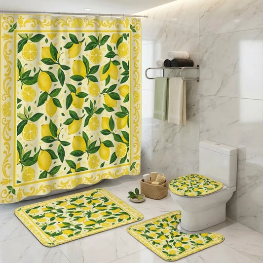 4pcs Lemon Citrus Shower Curtain Set, Printed Shower Curtain, Fresh Yellow Lemon Print Bathroom Decor, Summer Lemonade, Kitchen Garden, Fruit Blossom, Tropical Farmhouse, TikTok Shop Trendy Bathroom Upgrade