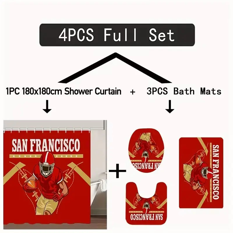 1/4pcs San Francisco Football Team Themed Shower Curtain Set, Bathroom Decoration Accessories, includes non-slip mat, U-shaped rug, toilet seat cover, Shower Essentials, comes with 12 shower curtain hooks, Bathroom Decor And Accessories