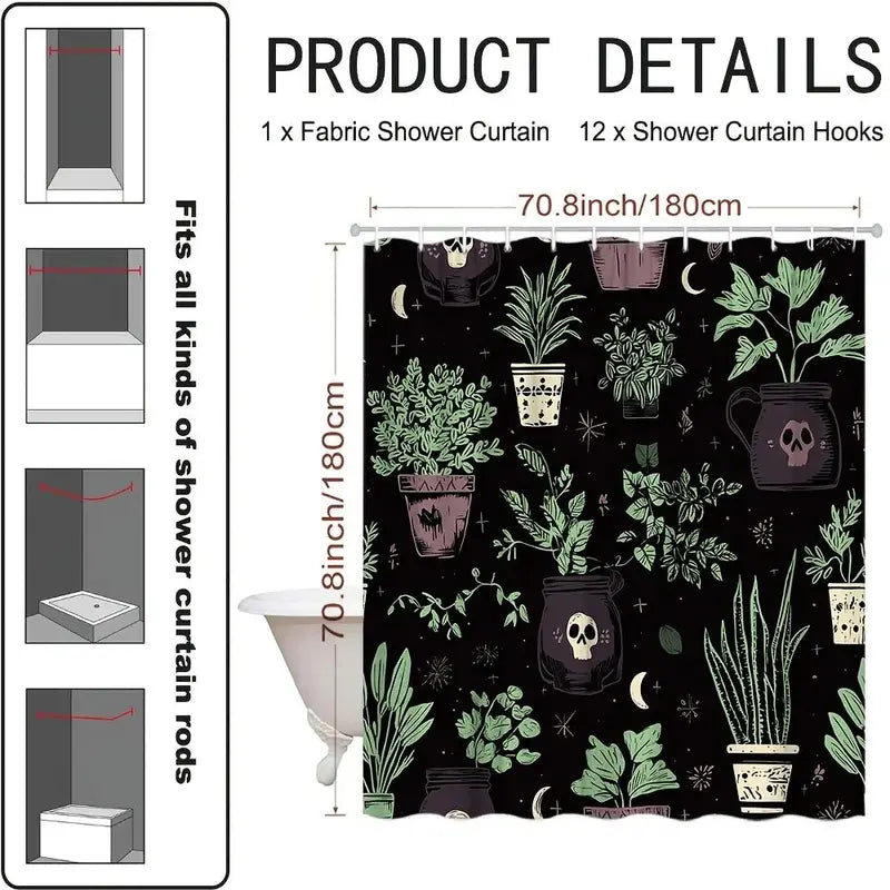 Gothic Black & Green Polyester Botanical Skull Shower Curtain - 70.8x70.8in, 12 Hooks, Easy-Clean, Single Set, Modern, Animals/Plants/Geometric Design, Free Bathroom Window Cover for Spooky Home Decor, 2D Flat, Floral