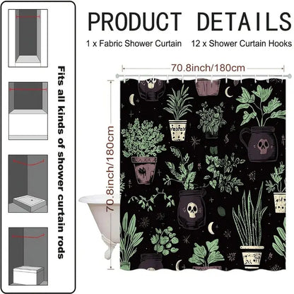 Gothic Black & Green Polyester Botanical Skull Shower Curtain - 70.8x70.8in, 12 Hooks, Easy-Clean, Single Set, Modern, Animals/Plants/Geometric Design, Free Bathroom Window Cover for Spooky Home Decor, 2D Flat, Floral