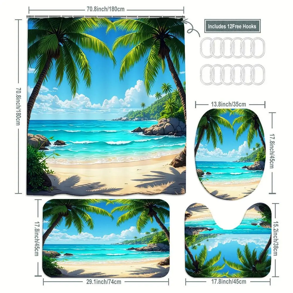 1/4pcs Tropical Beach Shower Curtain Set, Bathroom Shower Curtain Sets, 72x72 Inch Ocean Waves Palm Trees Curtain with Bidet Mat (60x20), Toilet Seat Cover, 2 Bath Rugs (24x16) - Summer Aesthetic Bathroom Decor for Coastal Vibe, Easter Mother’s Day Gift