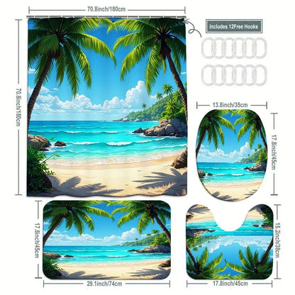 1/4pcs Tropical Beach Shower Curtain Set, Bathroom Shower Curtain Sets, 72x72 Inch Ocean Waves Palm Trees Curtain with Bidet Mat (60x20), Toilet Seat Cover, 2 Bath Rugs (24x16) - Summer Aesthetic Bathroom Decor for Coastal Vibe, Easter Mother’s Day Gift