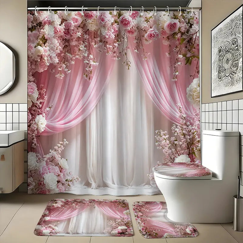 4pcs Floral Pretty Set, Elegant Cherry Blossom Flower Design, Waterproof with Hooks, Bathroom Decor Kit, Gift Idea, Shower Curtain Cute